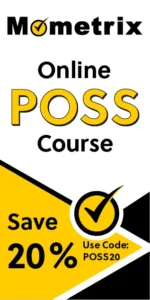 Advertisement for Mometrix Online POSS Course offering a 20% discount with code POSS20. The text is in black and yellow with a checkmark symbol.