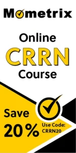 Advertisement for an online CRRN course from Mometrix, offering a 20% discount with the code "CRRN20.