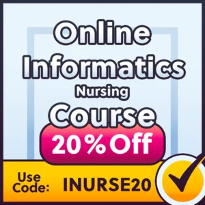 Promotional image for an online informatics nursing course offering 20% off. Use the code INURSE20.