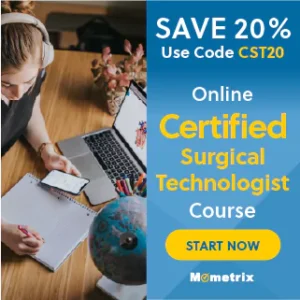A person is taking notes while looking at a phone and laptop. An ad encourages enrolling in an online Certified Surgical Technologist course with a 20% discount using code CST20. The ad says "Start Now.