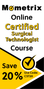 Mometrix Online Certified Surgical Technologist Course advertisement with a 20% discount using code CST20.