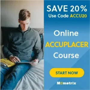 A person sitting on a bed, holding a tablet, and reading a book with the text "SAVE 20% Use Code ACCU20 Online ACCUPLACER Course START NOW Mometrix" displayed beside them.