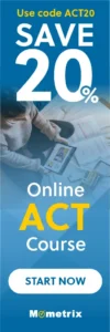 Advertisement for an Online ACT Course by Mometrix offering a 20% discount with the code ACT20. The image shows a person studying with materials spread out and a tablet in hand.