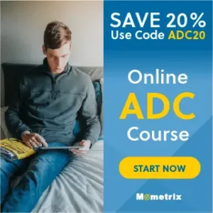 A person sits on a bed looking at a tablet. Text on the right says, "Save 20% Use Code ADC20, Online ADC Course, Start Now" with the Mometrix logo at the bottom.