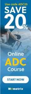 Advertisement for an online ADC course by Mometrix, offering a 20% discount with the code ADC20. A person is seen reading materials. The ad includes a "Start Now" button.