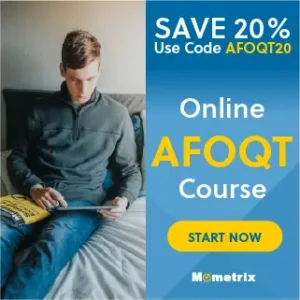 Man sitting on a bed using a tablet. Promotional text next to him reads "Save 20% Use Code AFOQT20" for an online AFOQT course, with a "Start Now" button and Mometrix logo below.