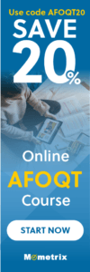 Vertical banner advertising a 20% discount on an online AFOQT course with the code AFOQT20. The ad features a person using a tablet and text encouraging to "START NOW" by Mometrix.