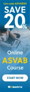 A person using a tablet sits at a table cluttered with papers. The text reads: "Use code ASVAB20. Save 20%. Online ASVAB Course. Start Now. Mometrix.