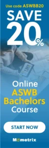 Advertisement for an online ASWB Bachelors Course with a 20% discount using code ASWBB20. The image shows a person studying with documents and a tablet. "Start Now" button at the bottom.