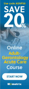 Vertical advertisement banner offering a 20% discount on an online Adult-Gerontology Acute Care Course using code AGNP20, with a "Start Now" button at the bottom and the Mometrix logo.