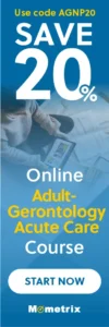 Banner ad for an online Adult-Gerontology Acute Care Course by Mometrix, offering a 20% discount with the code AGNP20. It includes a "START NOW" button at the bottom.