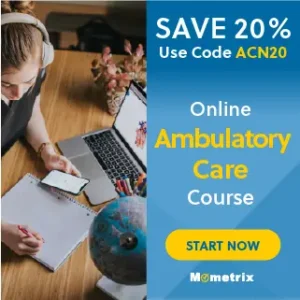 A student wearing headphones studies at a desk with a laptop, notepad, and globe. Text reads, "Save 20% Use Code ACN20 - Online Ambulatory Care Course - Start Now - Mometrix.