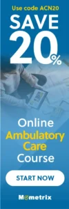 A person sitting and writing on papers with a tablet nearby. Text reads "Use code ACN20. SAVE 20%. Online Ambulatory Care Course. START NOW. Mometrix.