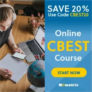 Person with headphones studying at a desk with a laptop, tablet, and notebook. Text reads, "SAVE 20% Use Code CBEST20 Online CBEST Course START NOW Mometrix.