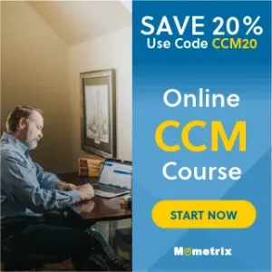 Man sits at a desk working on a laptop with a framed picture in the background. Text reads: "SAVE 20% Use Code CCM20. Online CCM Course. START NOW. Mometrix.
