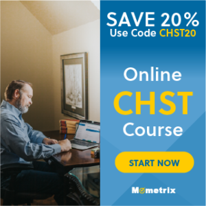 An advertisement for an online CHST course with a promo code "CHST20" for 20% off. There's a person sitting at a desk with a laptop, and the Mometrix logo is at the bottom.