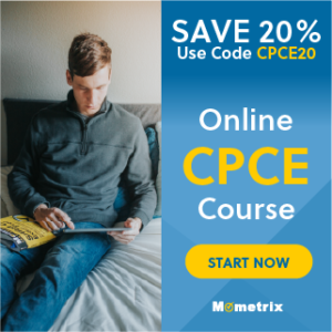 A person in a gray sweater studies a yellow book while sitting on a bed. Text reads, "SAVE 20% Use Code CPCE20 Online CPCE Course START NOW Mometrix.