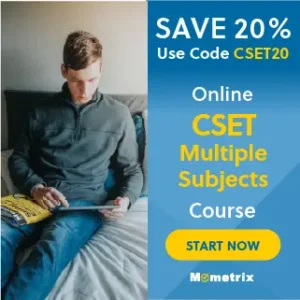 Man sitting on bed, reading a book with a tablet. Ad on the right offers a 20% discount on an online CSET Multiple Subjects course with the code CSET20. The ad prompts to "Start Now" on Mometrix.