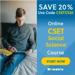 Man sitting on a couch holding a tablet, next to a promotional banner for an online CSET Social Science course offering a 20% discount with the code CSETSS20. "Start Now" button is visible at the bottom.