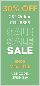 Green banner with text, "30% OFF CST Online Courses" at the top, "SALE" repeated three times in the middle, "ENDS March 12th" below, and "USE CODE: SPRING30" at the bottom.