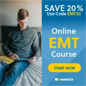 Young man studies on a tablet while sitting on a couch. Text next to him reads "Save 20% Use Code EMT20. Online EMT Course. Start Now. Mometrix.
