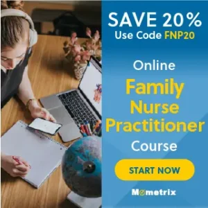 A person studies at a desk with a laptop and notebook. Text offers a 20% discount (code: FNP20) for an online Family Nurse Practitioner course by Mometrix, with a "Start Now" button.