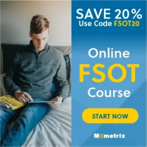 A man sitting on a bed looking at a tablet. Text reads: "SAVE 20% Use Code FSOT20. Online FSOT Course. Start Now. Mometrix.