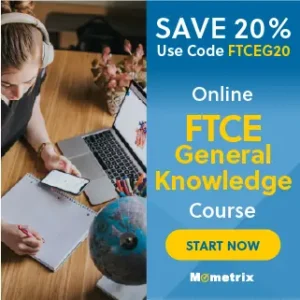 Person studying with laptop and phone on a wooden desk, next to a globe. Text on right side advertises a 20% discount on an online FTCE General Knowledge course using code FTCEG20.