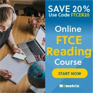 A person wearing headphones studies at a desk with a notebook, smartphone, and laptop. Text reads: "SAVE 20% Use Code FTCER20. Online FTCE Reading Course. START NOW. Mometrix.