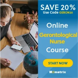 A woman studies at a desk with a laptop, phone, and notebook. A promotion for an online gerontological nurse course is on the right, offering 20% off with code GERON20. The ad encourages starting now.