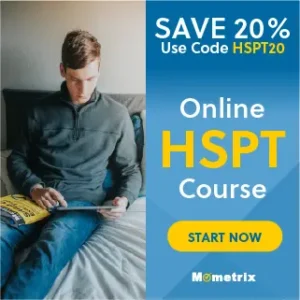 A person is sitting on a bed and using a tablet. Text on the right side advertises a 20% discount on an online HSPT course with the code "HSPT20" and a "Start Now" button.