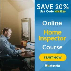 A man works on a laptop at a desk next to a window. Text promotes a 20% discount on an online home inspector course with the code HINSP20. The course is offered by Mometrix, with a "Start Now" button.