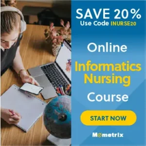 An advertisement for an online informatics nursing course from Mometrix, offering a 20% discount with code INURSE20. The image shows a person studying at a desk with a laptop and a notebook.