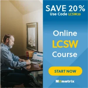 Man working on a laptop at a desk, promoting a 20% discount on an online LCSW course with the code LCSW20. Yellow "Start Now" button and "Mometrix" branding at the bottom.