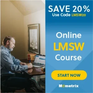 A man sitting at a desk works on a laptop. A promotion for a 20% discount on an online LMSW course from Mometrix is displayed. Use code LMSW20. "Start Now" button is shown.