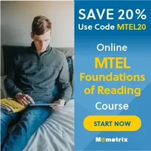 Man sitting on a bed, using a tablet. Text on the image promotes a 20% discount on the online MTEL Foundations of Reading course with code MTEL20. There's a "START NOW" button at the bottom.