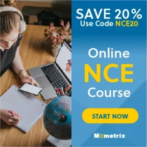 A person writing in a notebook sits at a desk with a laptop and a phone. Text reads "SAVE 20% Use Code NCE20. Online NCE Course. START NOW. Mometrix.