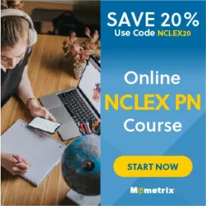 A person wearing headphones studies at a desk with a laptop, notebook, and phone. Text: "Save 20% - Use code NCLEX20. Online NCLEX PN Course. Start Now. Mometrix.