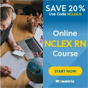 Person studying at a desk with a laptop and notebook. Text overlay reads "SAVE 20% Use Code NCLEX20" and "Online NCLEX RN Course" with a "Start Now" button. Mometrix logo at the bottom.