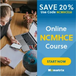 Person studying at a desk with a laptop and notebook. Text: "SAVE 20% Use Code NCMHCE20 Online NCMHCE Course START NOW Mometrix.