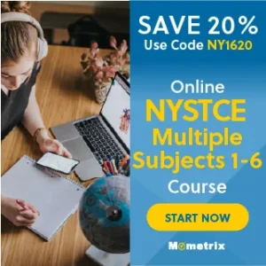 A person studies at a desk with a laptop, a notebook, and a phone. Text reads, "Save 20% Use Code NY1620. Online NYSTCE Multiple Subjects 1-6 Course. Start Now. Mometrix.