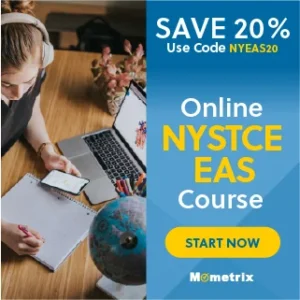 A person takes notes from a smartphone while wearing headphones in front of a laptop. The image promotes a 20% discount on an online NYSTCE EAS course using code NYEAS20, with a "Start Now" button from Mometrix.