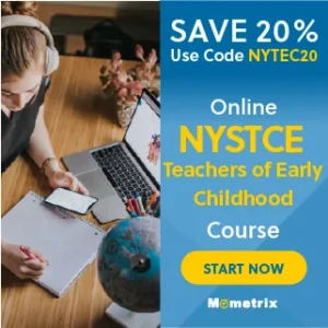 Person studying with a notebook, smartphone, and laptop on a wooden desk. Text above promotes a 20% discount for an online NYSTCE Teachers of Early Childhood Course with the code NYTEC20.