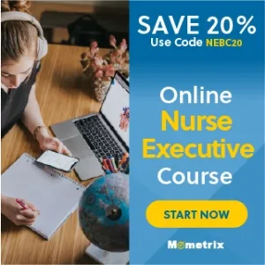 An individual studying with a laptop and notes on a desk. The image advertises a 20% discount on an Online Nurse Executive Course with a provided code "NEBC20." The course is offered by Mometrix.