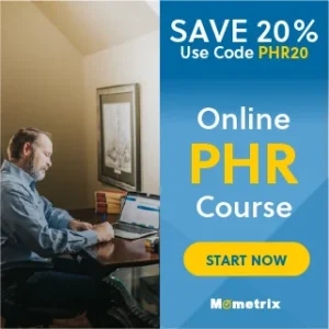 Man working on a laptop at a desk with a promotion banner for an online PHR course offering a 20% discount using code PHR20. The text "Start Now" and "Mometrix" are displayed.