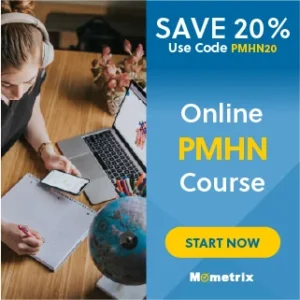 A person wearing headphones studies at a desk with a phone, laptop, and notebook. Text says, "Save 20% with code PMHN20. Online PMHN Course. Start Now. Mometrix.