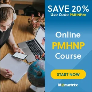 Person studying with a laptop and notebook on a wooden desk, promoting a 20% discount for an online PMHNP course with the code "PMHNP20" and showing "Start Now" button, Mometrix logo at the bottom.