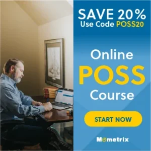 A man sits at a desk using a laptop. The text beside him reads, "Save 20% Use Code POSS20 Online POSS Course. Start Now. Mometrix.