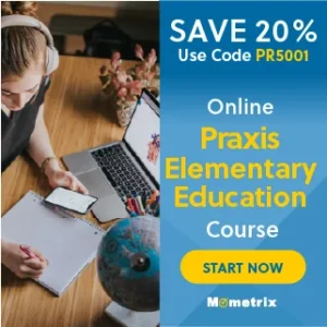Person studying at a desk with a laptop and headphones. Promo for a 20% discount on an online Praxis Elementary Education course from Mometrix, using code PR5001. "Start Now" button is displayed.