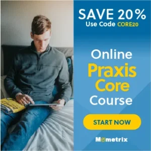 Man sitting on bed wearing a grey sweater looking at a tablet with a Praxis Core study guide beside him. The text reads "SAVE 20% Use Code CORE20 Online Praxis Core Course START NOW Mometrix.